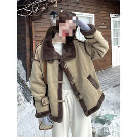 时髦洋气皮毛一体仿羊羔毛外套女秋冬2026新款机车服麂皮绒棉衣