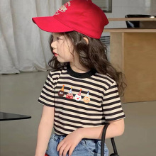女童纯棉条纹短袖T恤2025夏季新款儿童卡通印花圆领上衣打底衫潮