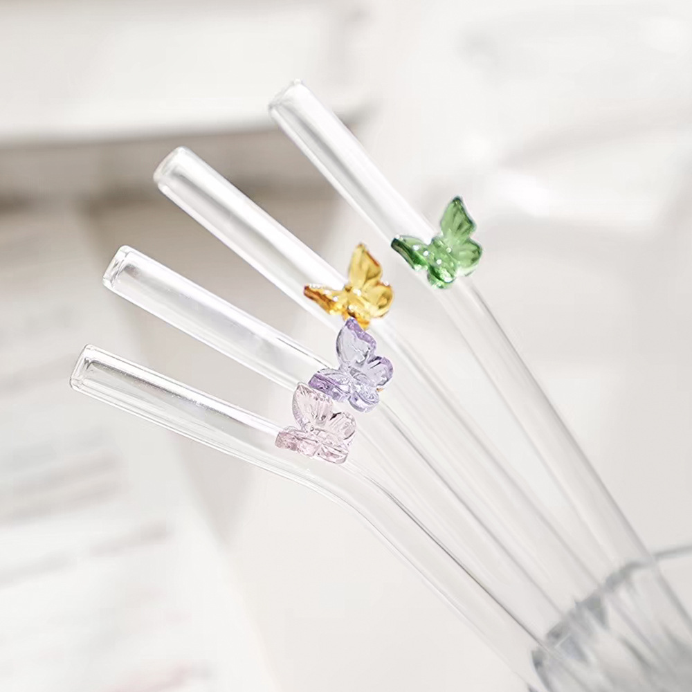Pajita de vidrio resistente al calor de alto valor Pajita de color de vidrio de borosilicato Pajita de mariposa de color Ventas directas de fábrica
