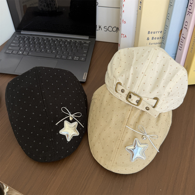 Retro Polka Dot Star Beret Hat for Women, Spring/Summer Thin Breathable Sweet Versatile Bowknot Sunshade Beret Hat
