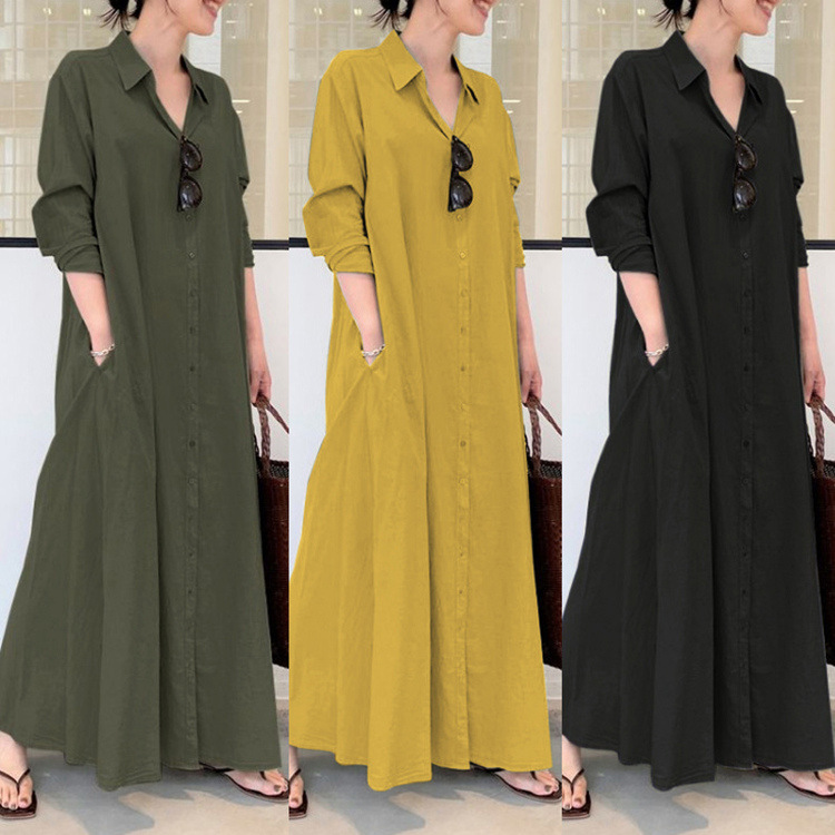 Spot 2022 Casual Cotton and Linen Solid Color Lapel Long Sleeve Pocket Dress Loose Casual Long Shirt Dress