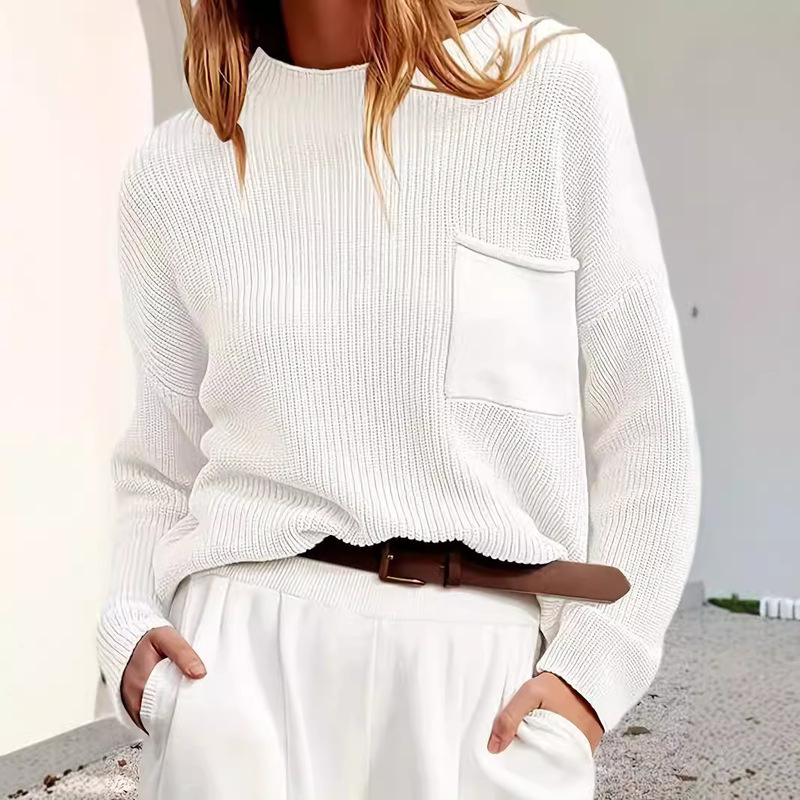 2025 Cross-Border Amazon Autumn and Winter New Knitwear Women's Round Neck Long-Sleeved Flap Pocket Pants Knitwear European and American Lazy Style Knitwear