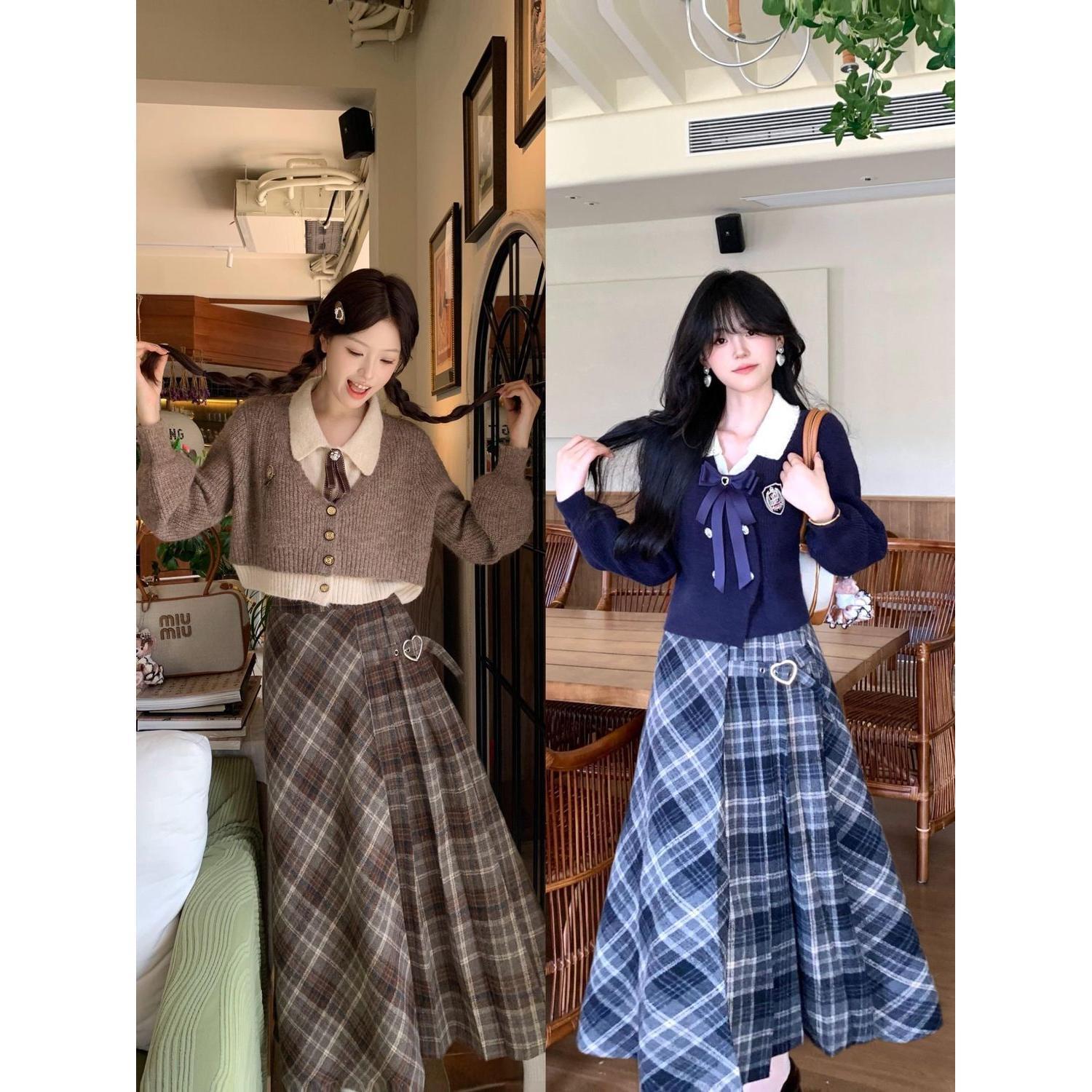 薄暮之时 秋冬学院风磨毛格纹百搭a字半身裙英伦风长裙