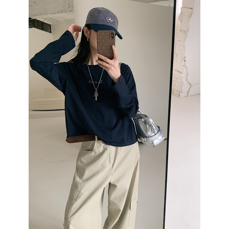 Autumn Short Long-Sleeve Base T-Shirt for Women, Loose Simple Embroidered Top, Women's Casual Long-Sleeve Shirt ZIE Autumn Short Long-Sleeve Base T-Shirt for Women, Loose Simple Embroidered Top, Women's Casual Long-Sleeve Shirt ZIE