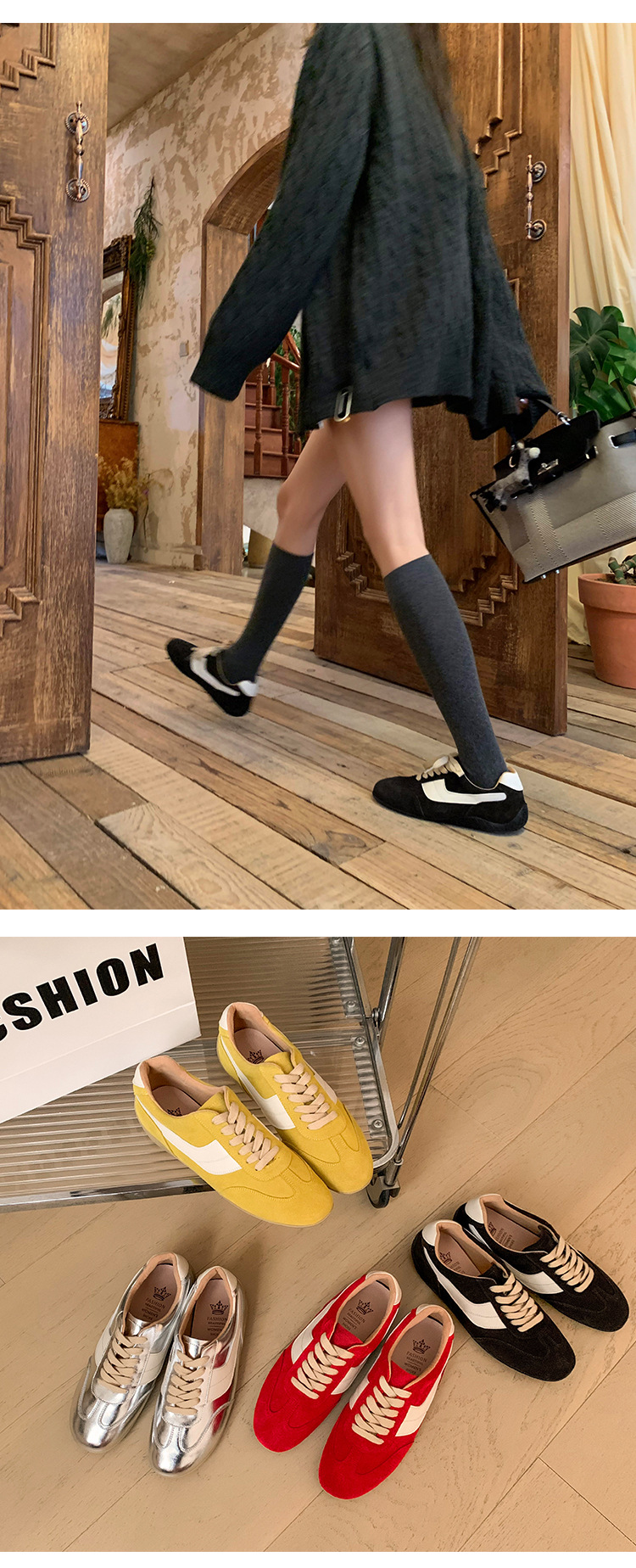 Giày sneaker nữ đế bệt mũi tròn dây buộc da thật phối màu phong cách Đức — Màu nâu chi tiết 17