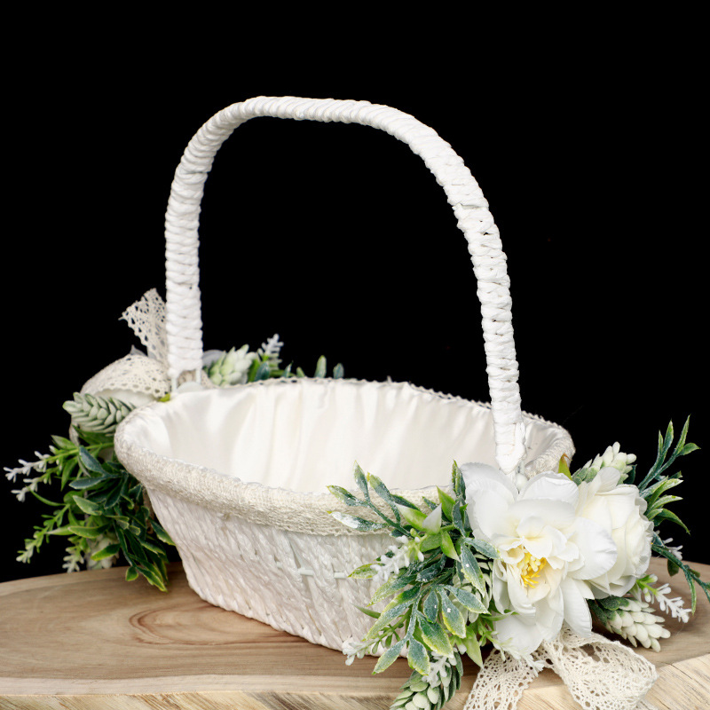 New wedding flower basket for children, white wicker handle, portable flower basket for outdoor weddings, petal basket, Western wedding decor supplies