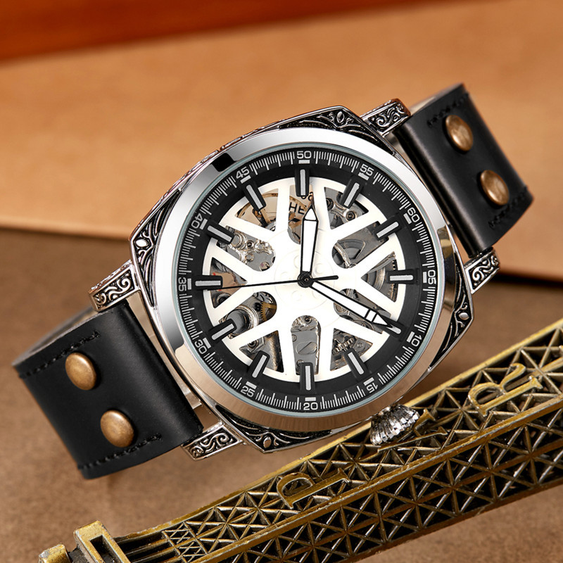 SHENHUA nuevo en stock reloj mecánico de los hombres luminoso impermeable multi-funcional tallado reloj mecánico automático