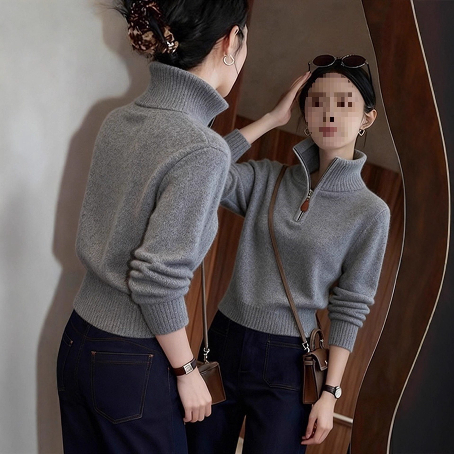 Fashionable knitted long-sleeve with zipper