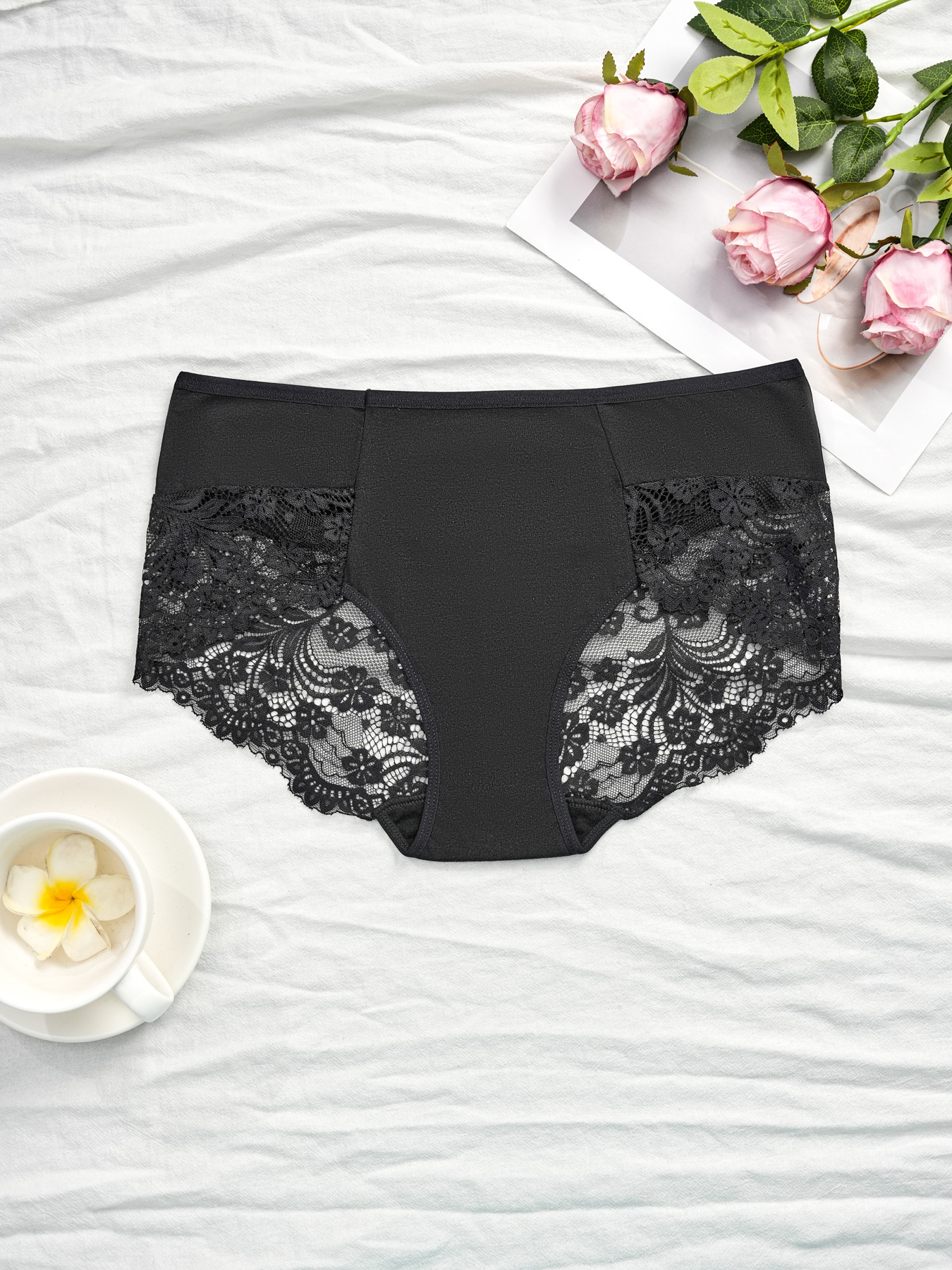 Encaje sexy talla grande ropa interior para mujer bolso cadera cintura alta entrepierna de algodón puro hueco transparente gordo MM calzoncillos estilo explosivo transfronterizo