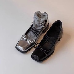 シープスキン〜厚底リボンレトロハイヒールバレエシューズスクエアトゥシルバーチャンキーヒールメリージェーンシューズレディースシューズ
