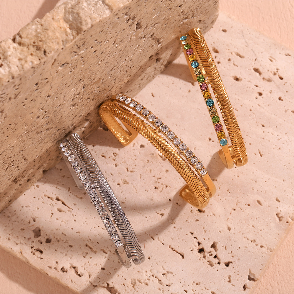 Zircon Inlaid Double Fishbone Open Stainless Steel Bracelet