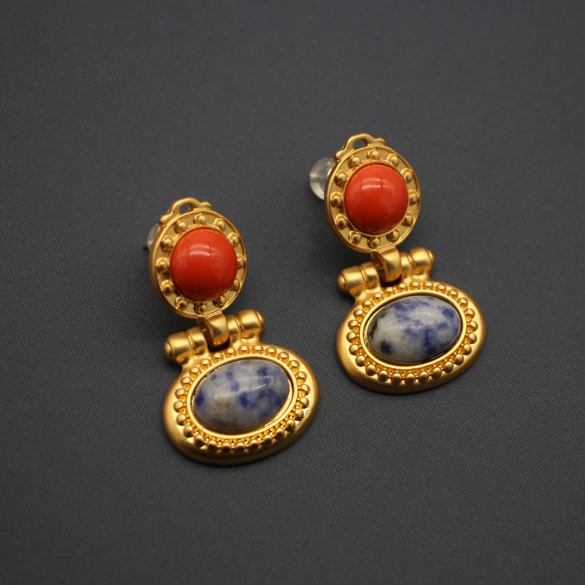 Retro Oval Copper Plating Inlay Artificial Gemstones Drop Earrings 1 Pair