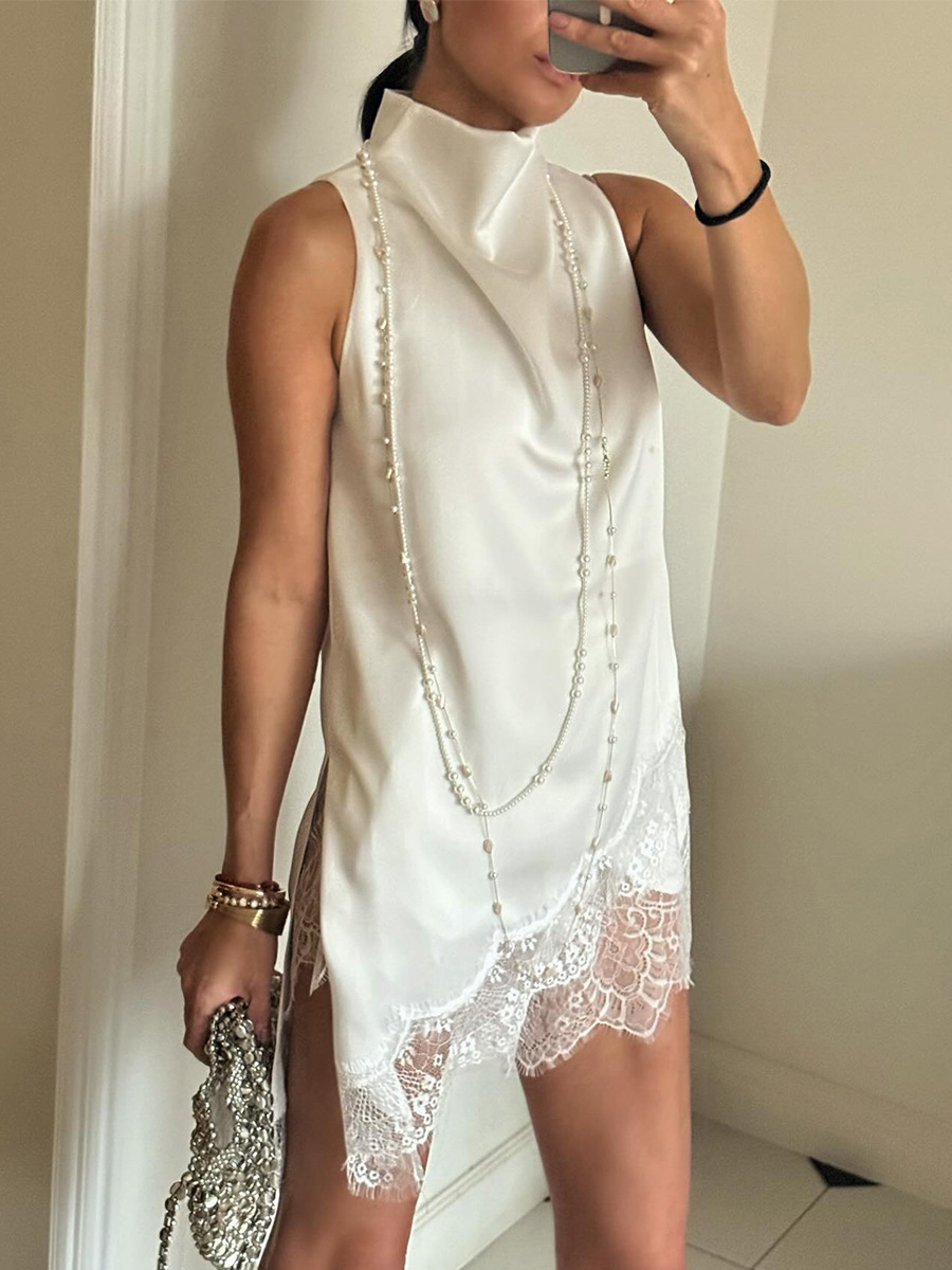 Ärmelloses Satin-top Mit Rollkragen Und Spitzenbesatz Für Damen_voghion.com
