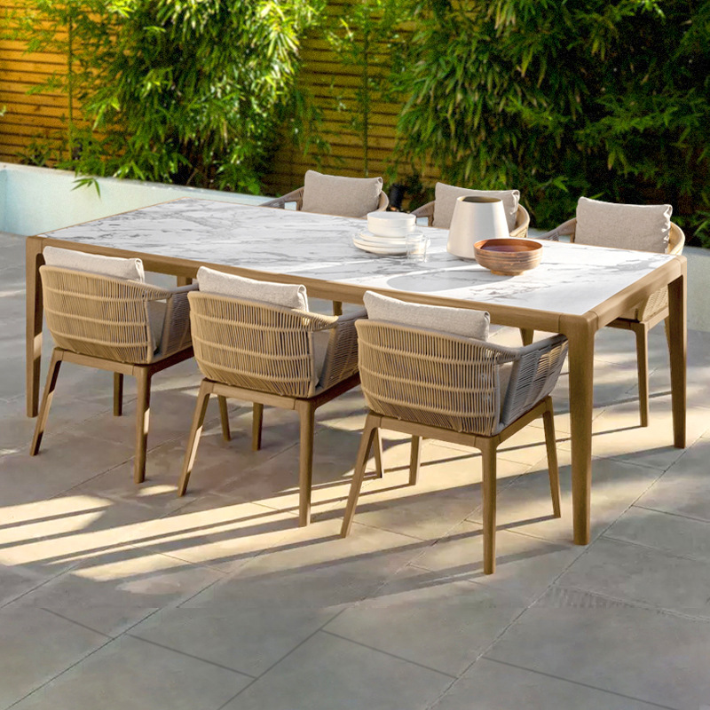 Nórdico al aire libre mesa de teca y silla de ocio patio moderno terraza mesa de comedor balcón anticorrosión de madera protección solar combinación de silla de ratán