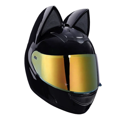 Motosiklet kaskı (dəbilqə) — Helmet with Cat Ears, Universal - black-cat-gold-plated-lenses-s