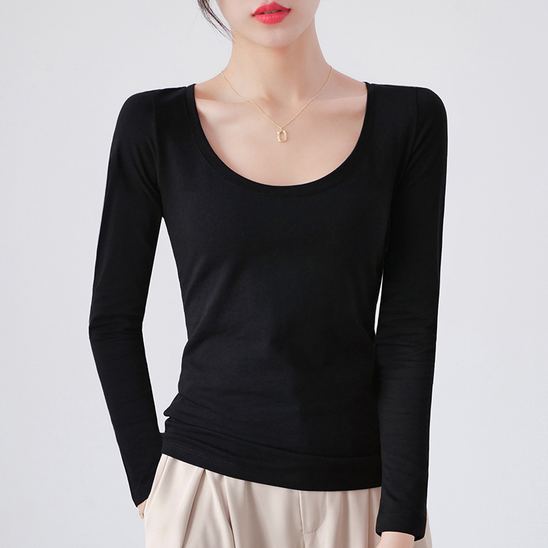 Pure Cotton Round Neck Slim Fit Long Sleeve Black Base Shirt for Women, Spring 2026 New Style T-Shirt, Solid Color Tee for Spring and Autumn