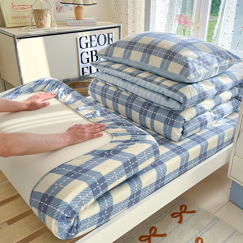 Cama de dormitorio de estudiantes universitarios de algodón de algodón de dibujos animados de tres piezas, ropa de cama, sábana, funda de edredón, juego de seis piezas