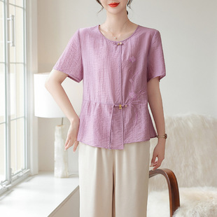 Middle-Aged Mother's Summer Clothes, New Chinese Style Tencel Short-Sleeved Shirts, Western-Style Embroidered Thin Tops, Noble Shirts for Middle-Aged and Elderly Women