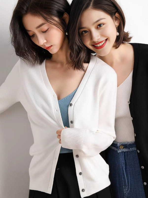 2025新款女装早秋V领开衫白色毛衣针织毛衣带扣开衫纯色外套女秋|undefined