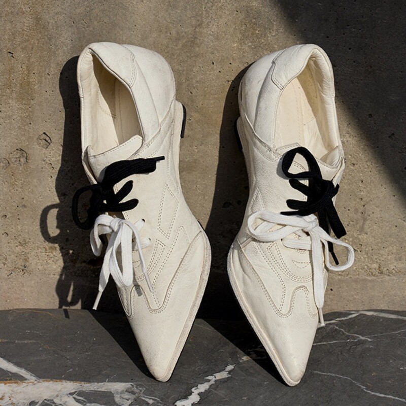 [In Stock] Original Design Washed Sports Style Casual White Shoes Pointed Toe Women's Wedge Heel Shoes with Unique Design