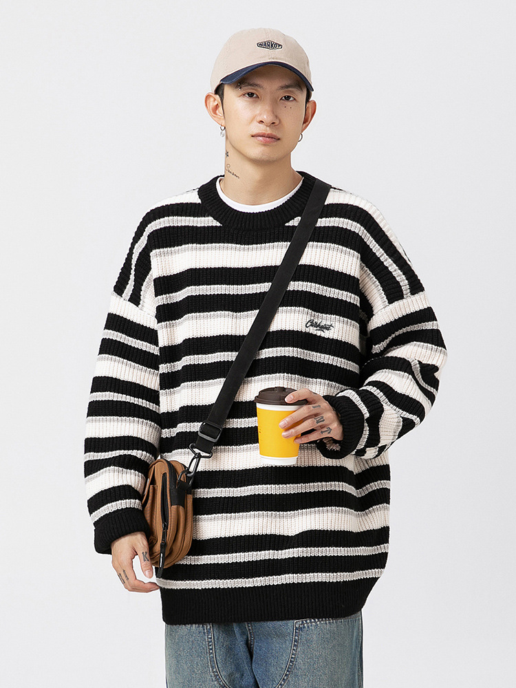 Suéter de punto grueso pesado a rayas para hombres 2024 otoño e invierno nueva pareja retro contraste color chaqueta de suéter de cuello redondo japonés