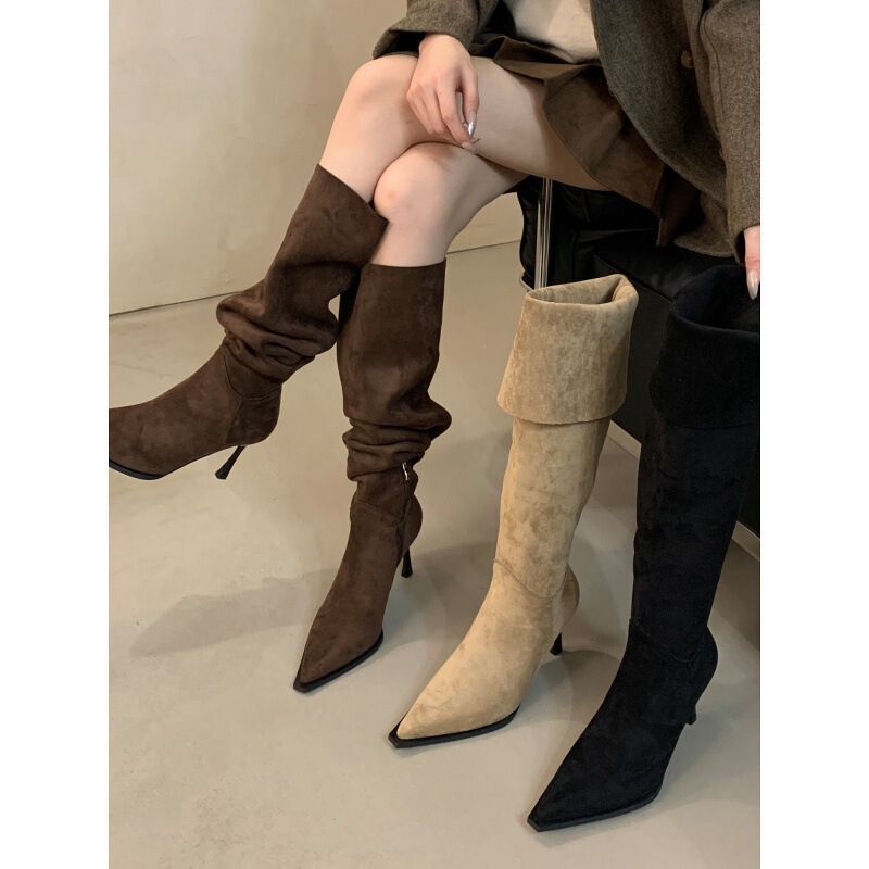 Over-The-Knee Boots for Women, Two-Wear Large Tube Circumference, 2025 Autumn and Winter Wide Tube Suede Pointed Toe Stiletto High Heel Pleated Boots Pile Boots Over-The-Knee Boots for Women, Two-Wear Large Tube Circumference, 2025 Autumn and Winter Wide Tube Suede Pointed Toe Stiletto High Heel Pleated Boots Pile Boots