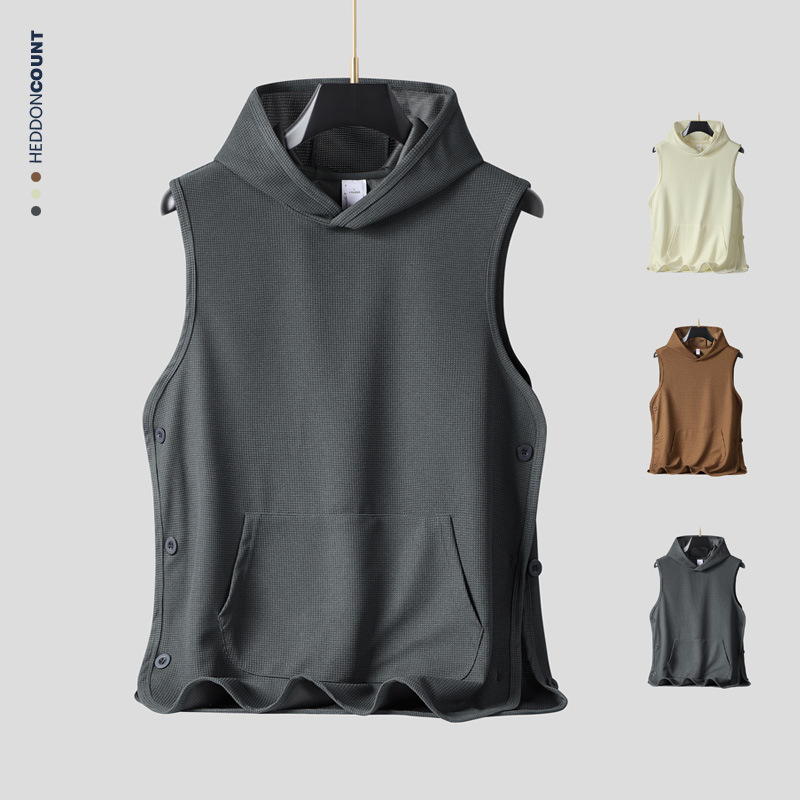 Dengjue Men's Fashion Brand Waffle Hooded Vest Summer New Design Sense Buckle Split Sleeveless Waistcoat T-shirt