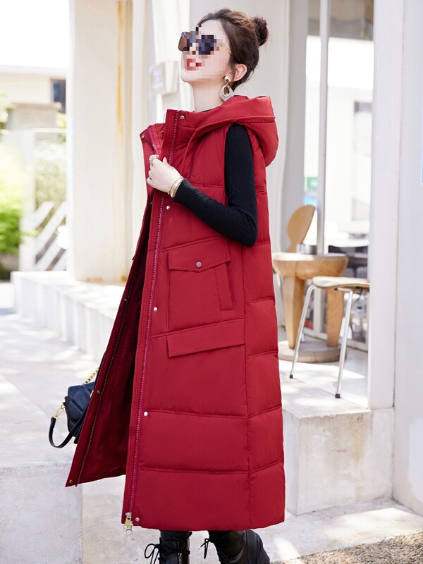 Long Over-the-Knee 2024 New Women's Down Cotton Vest Jacket Hat Warm Foreign Style Waistcoat for Autumn and Winter