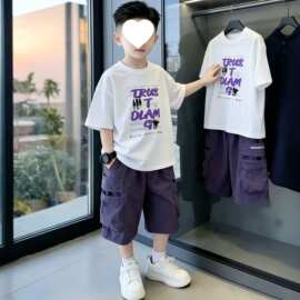 26男童时尚棉短袖T恤工装短裤夏季新款中大童潮流炸街痞帅洋气