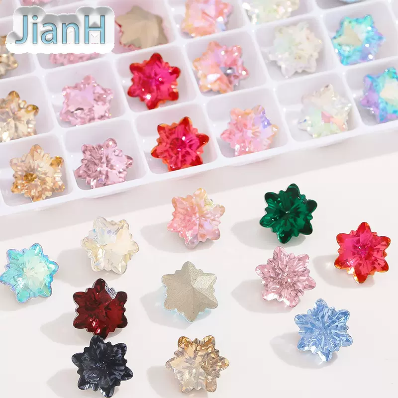 跨境电镀幻彩美甲钻 高顶超闪雪花尖底玻璃立体冰花10*10水晶钻