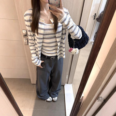 韩系条纹针织开衫女短款配吊带背心两件套早秋设计感毛衣外套上衣