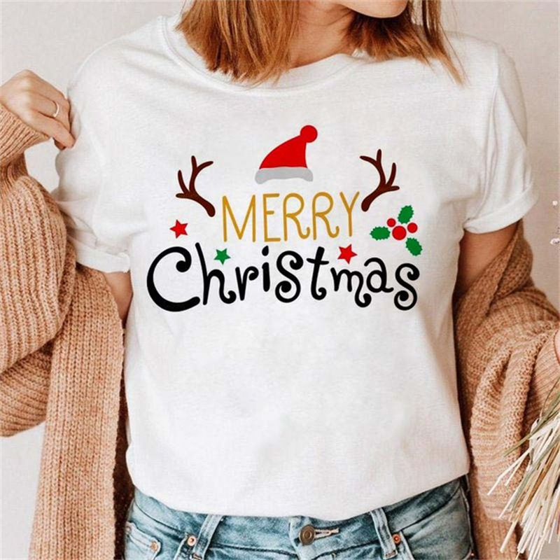Women's Christmas Merry Christmas Tree Santa Claus Round Neck Printed Fashion plus size T-Shirt Women