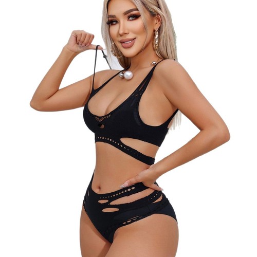 European and American sexy hollow-out black silk jacquard tight-fitting slimming one-piece netting lingerie pajama set