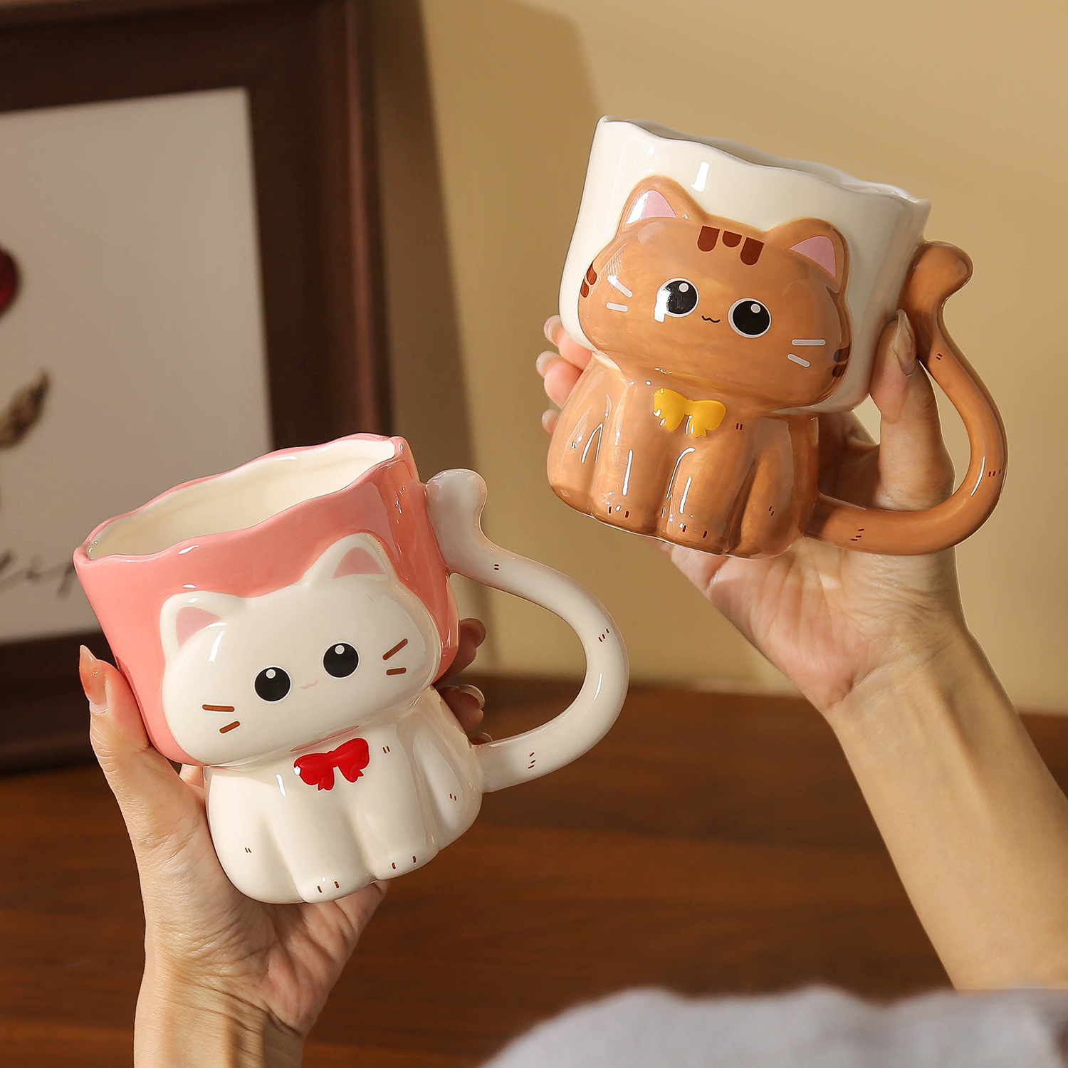 Taza Mug de Cerámica con Relieve de Gato Pintado Bajo Esmalte Resistente a Altas Temperaturas para el Hogar