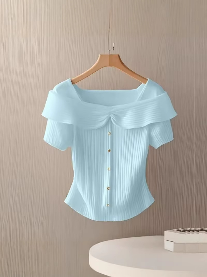 Áo len cổ vuông nữ dệt kim phong cách Pháp, form suông tay ngắn — màu xanh nhạt