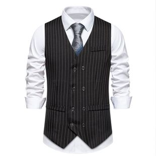 European Size 2025 New Men's Vertical Stripesd Double-Breasted Vest Jacket Fashionable Men's Suit Retro Casual Vest