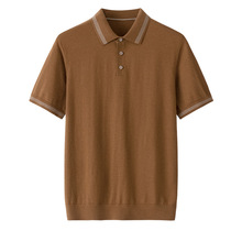 新精纺山羊绒POLE领三粒贝壳扣五分袖T恤 16针平纹薄款撞色针织半