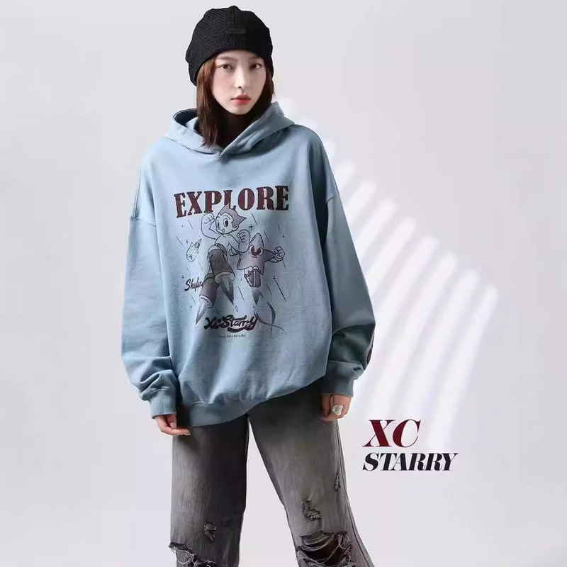 Paper Bag Home Early Spring New Style Letter Print Hooded Pullover Loose American Casual Sweatshirt Pullover 6002 Long Sleeve