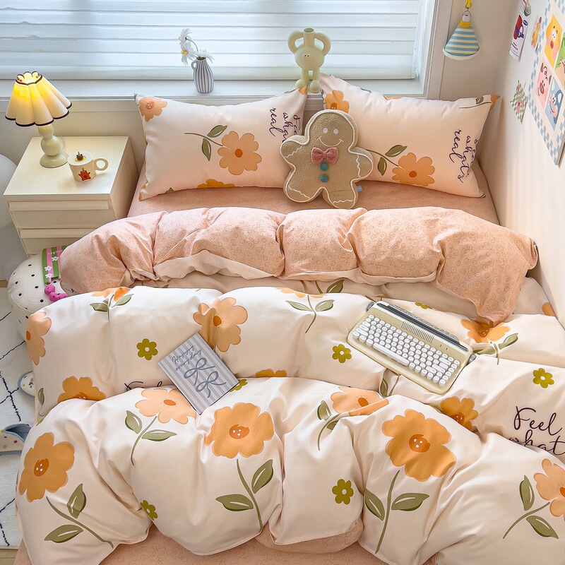 Skin-Friendly Brushed Cotton Four-Piece Set, Thickened Pastoral Style Single/Double Bed Sheet, Duvet Cover, Fitted Sheet for Home Use, Student Dormitory Three-Piece Set
