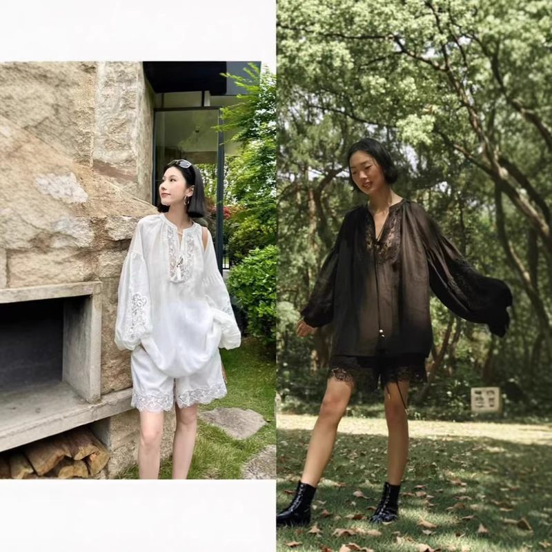 Ethnic Style Bohemian French Suit, Vacation Style Lace Splicing V-Neck Loose Shirt, Elastic Waist Drawstring Shorts