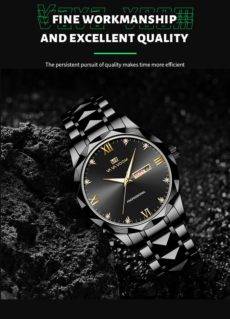 Neue Uhr Doppel Kalender Woche Bewegung Niete Edelstahl Kette mit Diamant Herren Einfache Quarz Wasserdichte Uhr_voghion.com