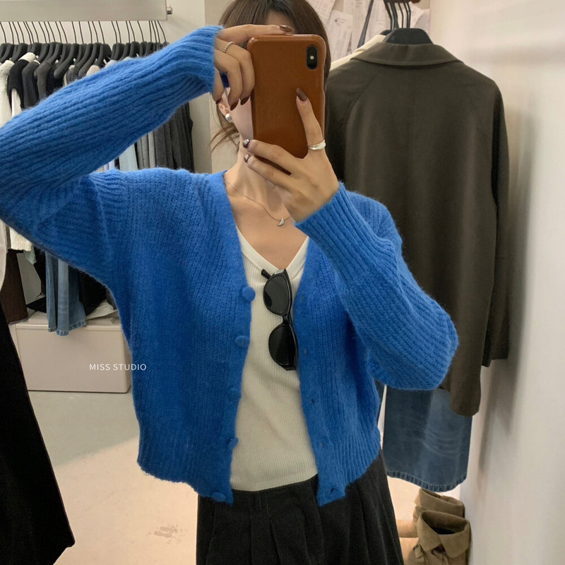 miss密思家2025秋季彩色简约慵懒v领针织毛衣外套女短款开衫上衣|undefined