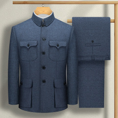 中老年人男士灰色中山装爸爸老年外套装中山服礼服男装唐装两件套
