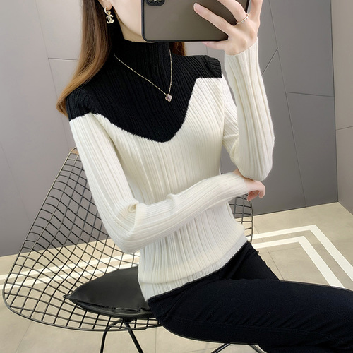 Autumn New Slim-Fit Base Layer Thin Sweater—Fall/Winter Stretch Top, White Half-Turtleneck Knitted Bottoming Shirt for Women