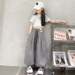 女童夏季套裝2024新款兒童洋氣運動休閒小格子燈籠褲防蚊褲兩件套