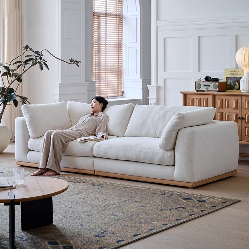 Rhein Sofa Wabi-Sabi Style Summer Linen Sofa Straight Row Solid Wood Removable and Washable Cotton Linen Fabric Cream Style down Sofa
