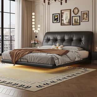 New Modern Simple Retro Style Mid-Century Style Master Bedroom Double Bed French Cream Style Suspended Bed Wood