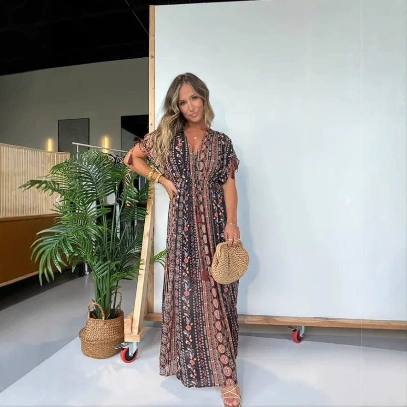 2025 Трансграничные европейские и американские женские летние новые темпераментные модные платья с V-образным вырезом