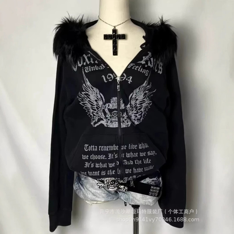 Subculture punk rock dark Shibuya Harajuku hot girl Hello Kitty skull hooded sweatshirt jacket