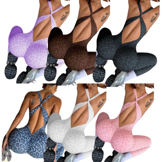 12-Color Seamless Cross Leopard Print Hollow-Out One-Piece Fitness Leggings Yoga Wear Outdoor Sports Flared Jumpsuit for Women